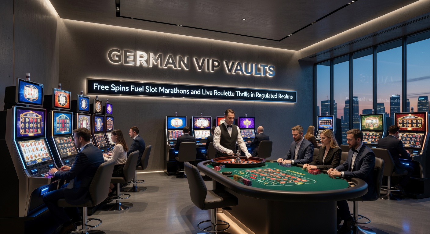 Live-Roulette-Tisch mit VIP-Elementen wie hohen Chips-Stacks, Free-Spin-Bannern und einem deutschen Flaggen-Hintergrund, das die regulierte Exklusivität einfängt