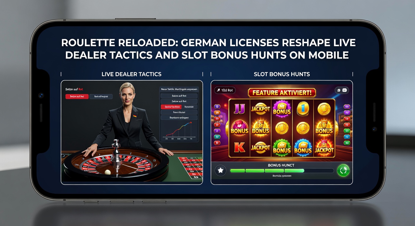 Mobilgerät mit Slot-Bonus-Hunt-Screenshot und Roulette-Rad im Hintergrund unter deutscher Flagge